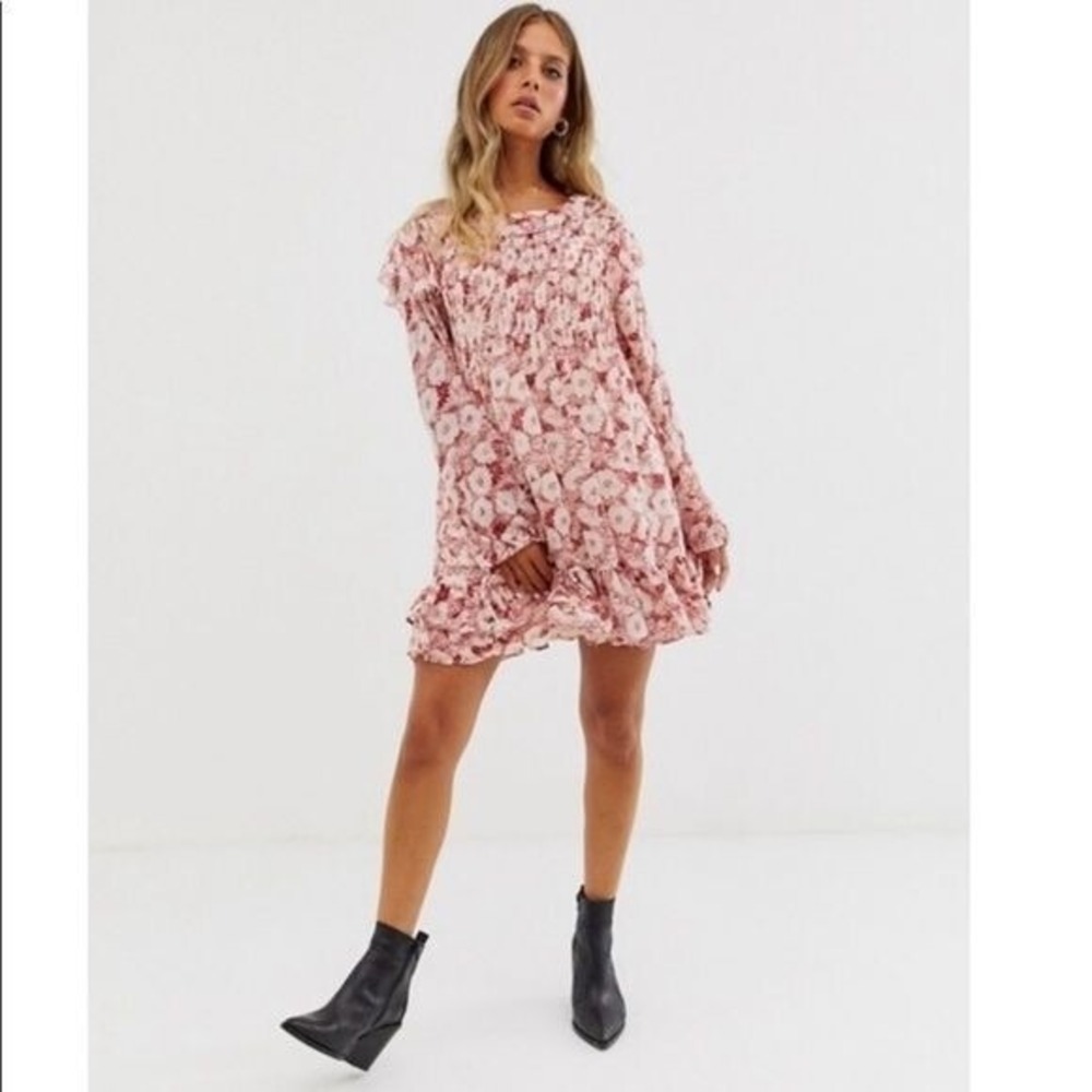 Free People These Dreams Floral Ruffle Boho Mini Dress Rust Cream Size S